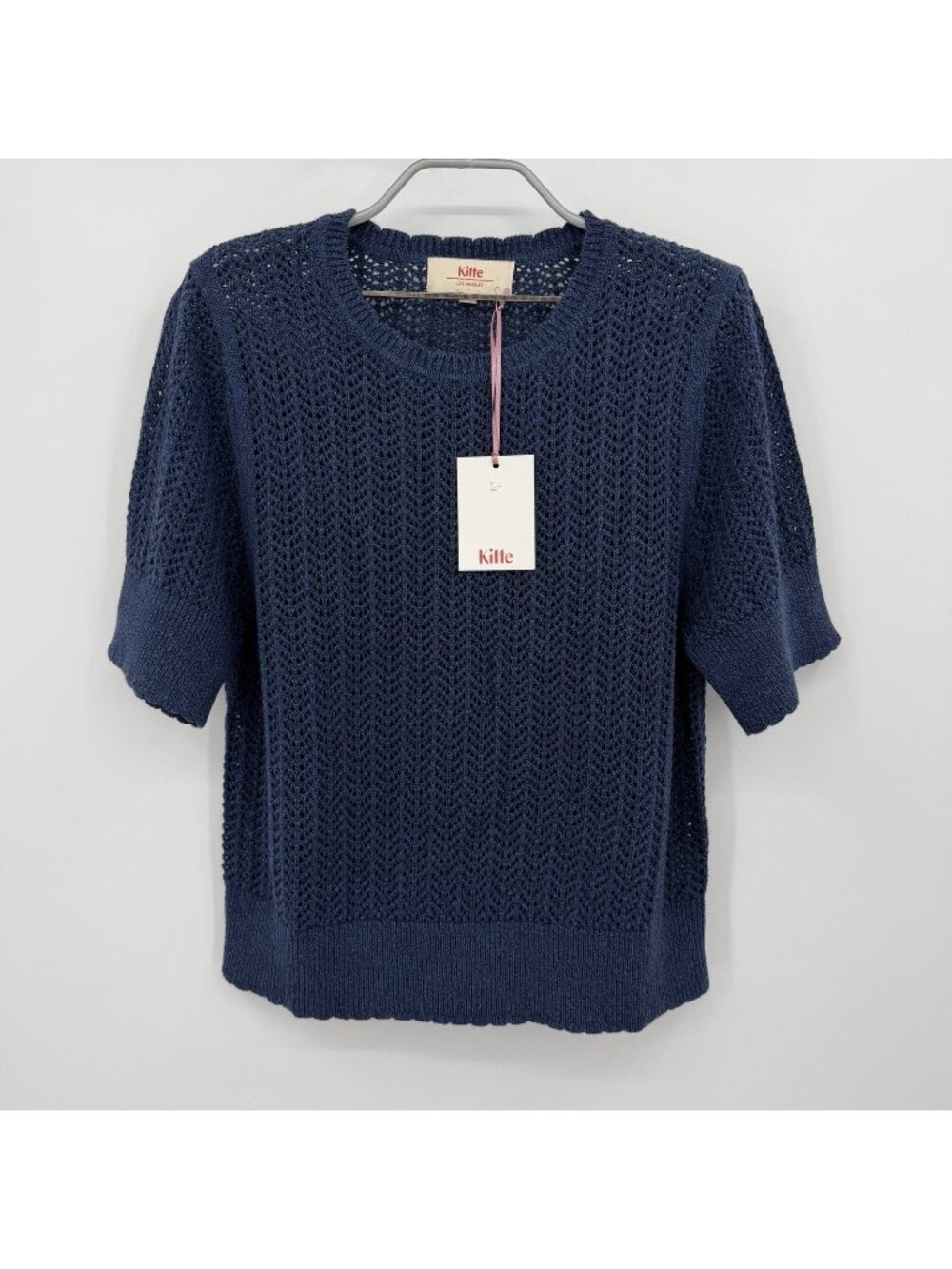 Kilte Collection Nicci Tee in Navy Crochet Knit Cotton-Cashmere 3/L-XL $215